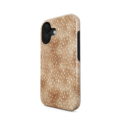 Fawn Fleck Tough phone case in warm beige with irregular tan speckles and organic abstract marks.