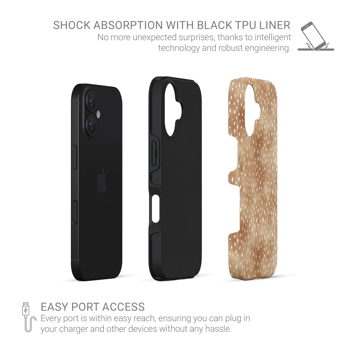 Fawn Fleck Tough phone case in warm beige with irregular tan speckles and organic abstract marks.