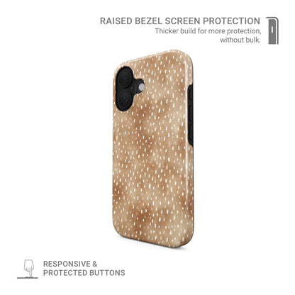 Fawn Fleck Tough phone case in warm beige with irregular tan speckles and organic abstract marks.