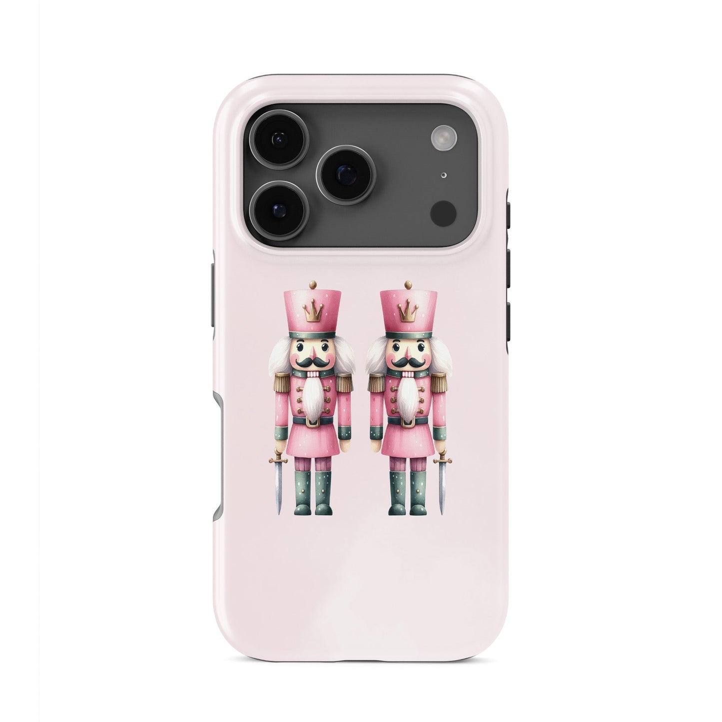Glossy tough phone case with two pink Nutcracker soldiers on a blush background, dual layer style, Case & Charm Sugarplum Soldiers design