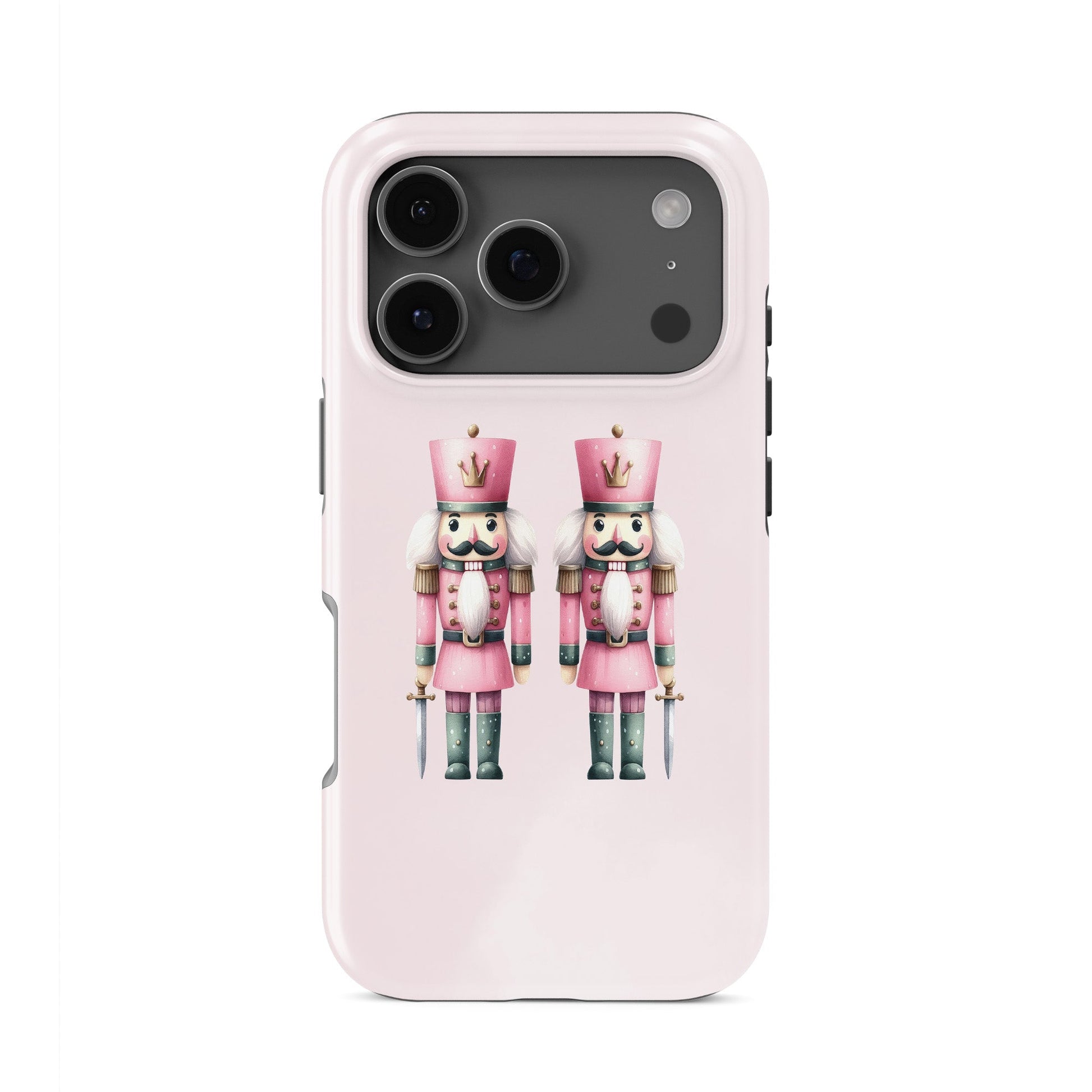 Glossy tough phone case with two pink Nutcracker soldiers on a blush background, dual layer style, Case & Charm Sugarplum Soldiers design
