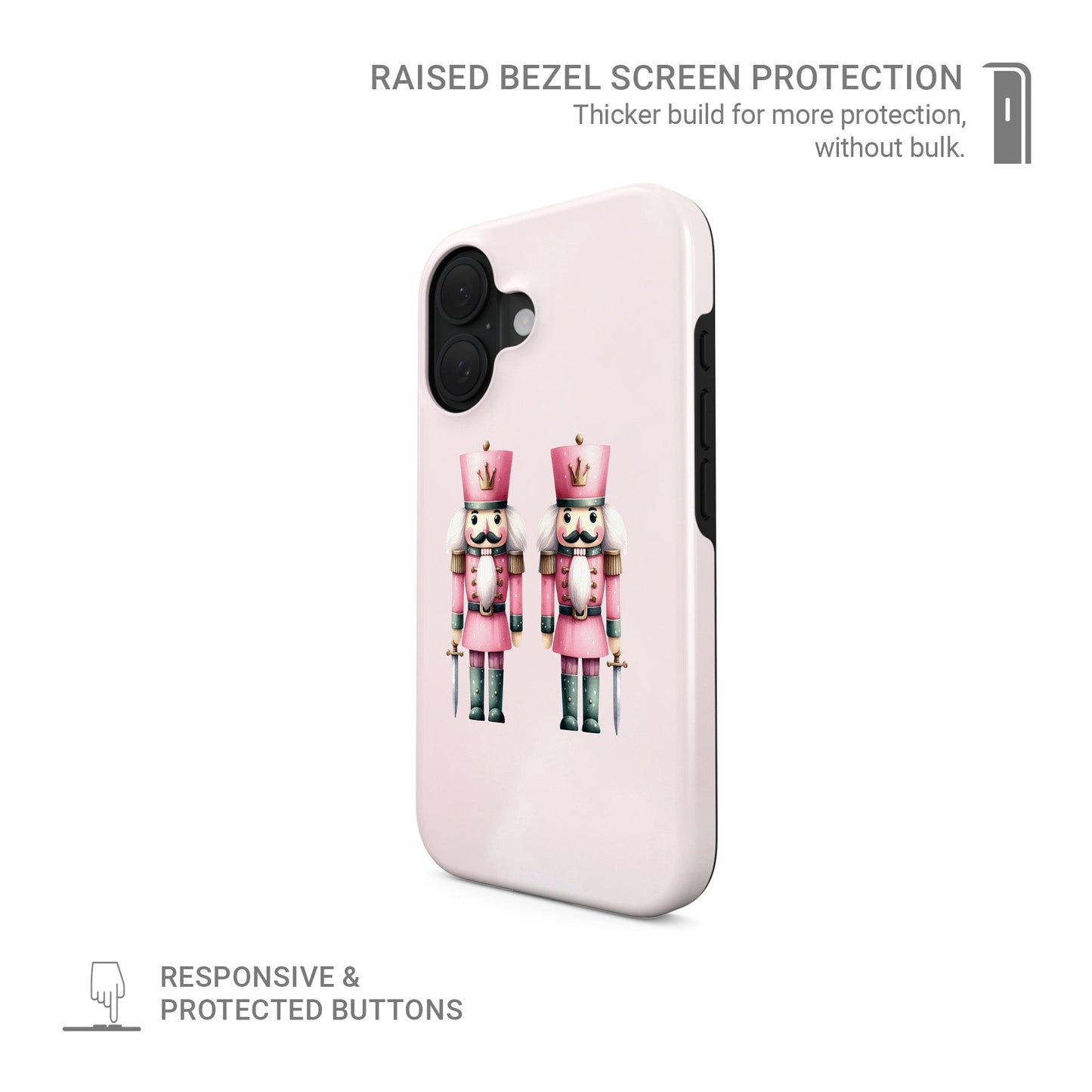 Glossy tough phone case with two pink Nutcracker soldiers on a blush background, dual layer style, Case & Charm Sugarplum Soldiers design