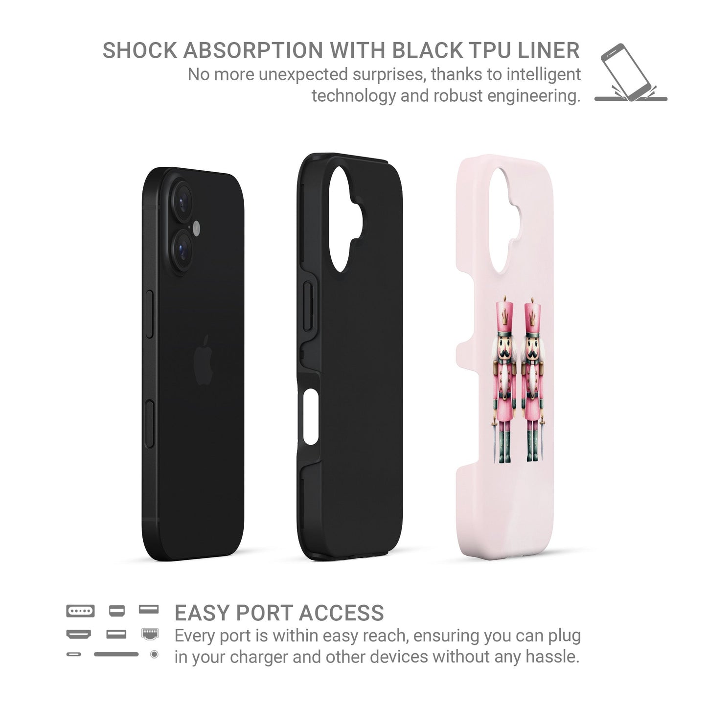 Glossy tough phone case with two pink Nutcracker soldiers on a blush background, dual layer style, Case & Charm Sugarplum Soldiers design