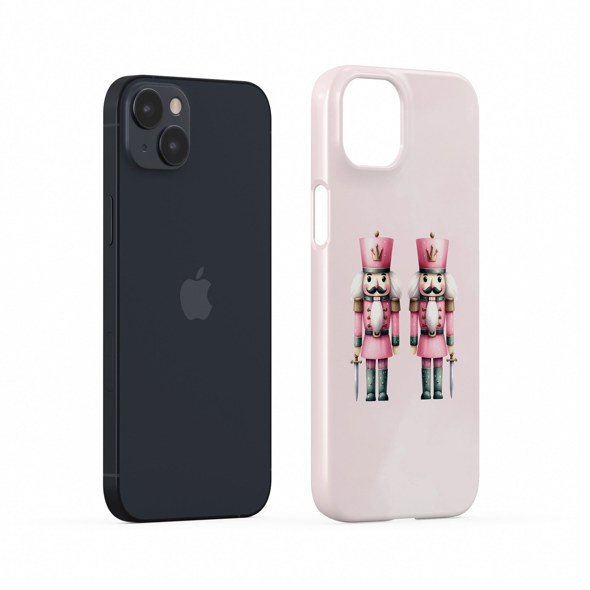 Two pink Nutcracker soldiers on a pink background, pastel Christmas Protective Phone case from Case and Charm.