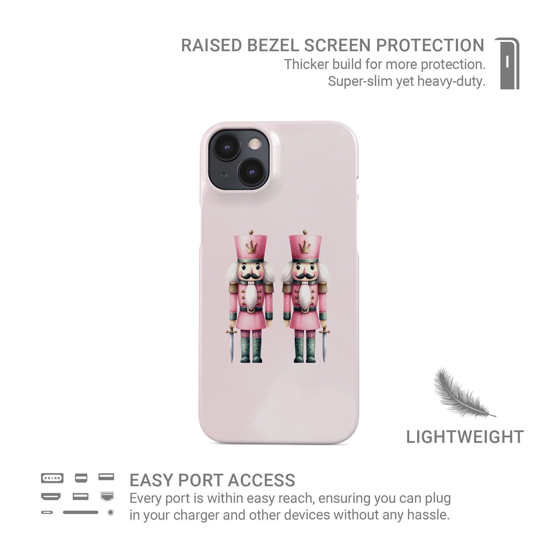 Two pink Nutcracker soldiers on a pink background, pastel Christmas Protective Phone case from Case and Charm.