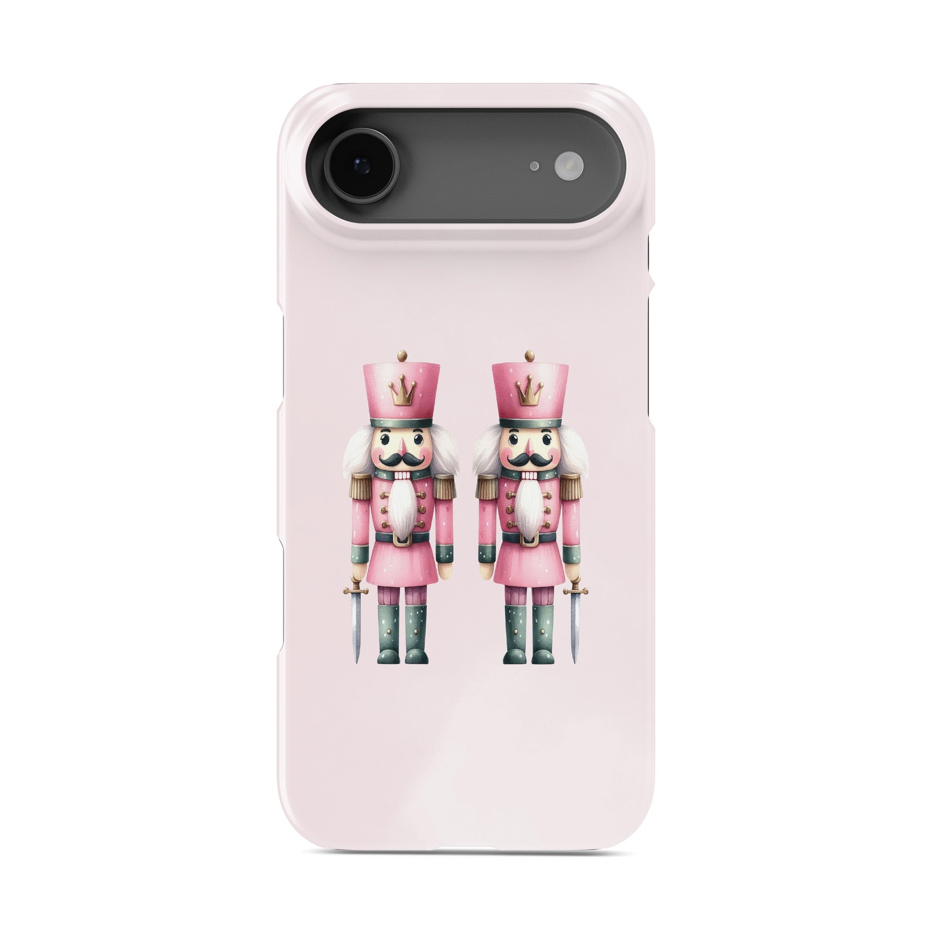 Two pink Nutcracker soldiers on a pink background, pastel Christmas artwork On a protective snap phone case. Case & Charm tech accessories