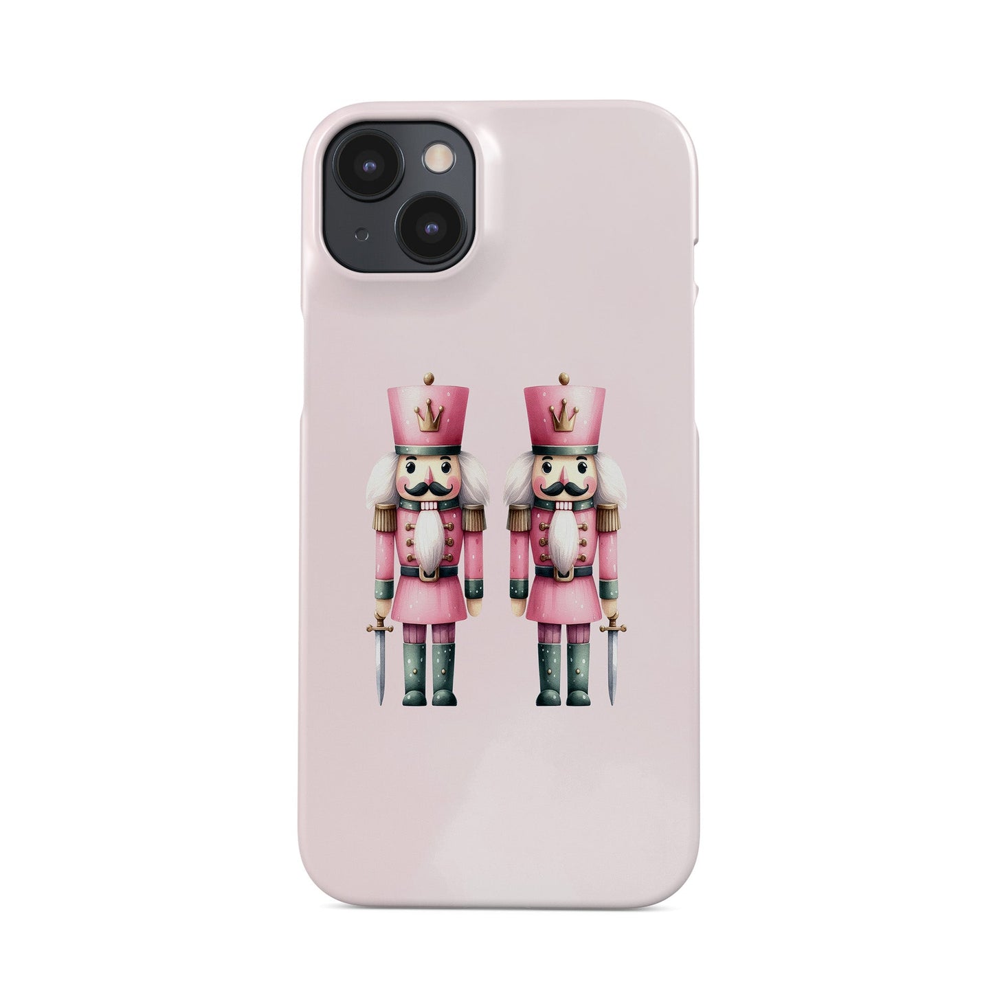 Two pink Nutcracker soldiers on a pink background, pastel Christmas Protective Phone case from Case and Charm.