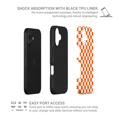 Orange checkered tough phone case – Starburst Grid design from the Checkmate Collection, dual-layer protective case for iPhone, Samsung and Pixel