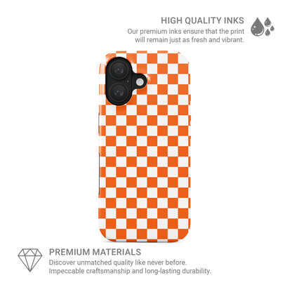 Orange checkered tough phone case – Starburst Grid design from the Checkmate Collection, dual-layer protective case for iPhone, Samsung and Pixel