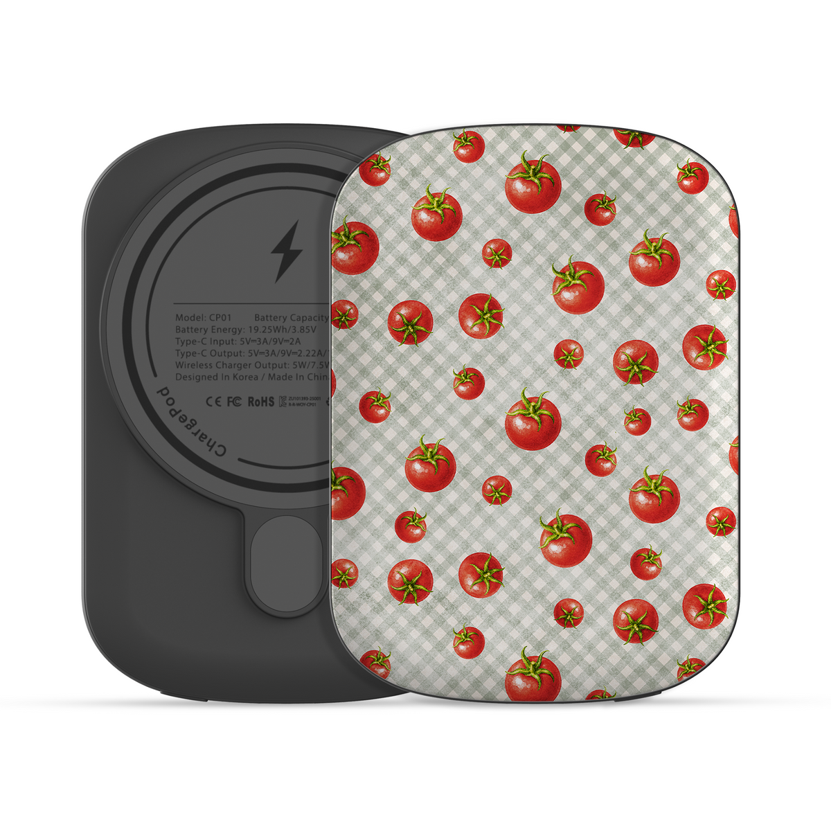 Tomato Tumble 5000mAh Magnetic Power Bank with scattered hand-painted red tomatoes on soft sage gingham
