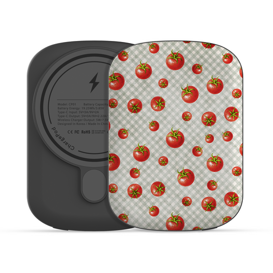 Tomato Tumble 5000mAh Magnetic Power Bank with scattered hand-painted red tomatoes on soft sage gingham
