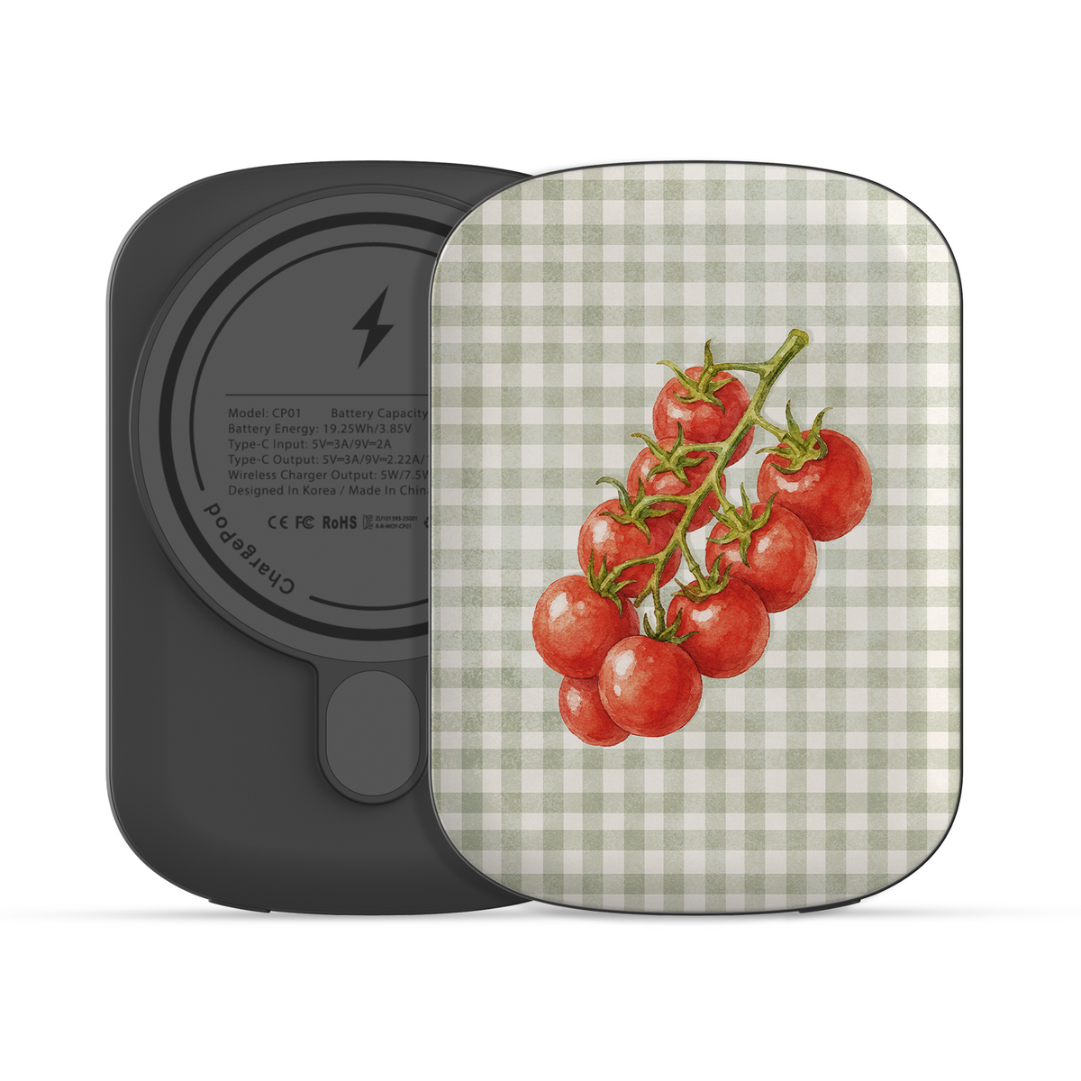Scarlet Spice 5000mAh Magnetic Power Bank with watercolour red chillies on soft cream gingham

