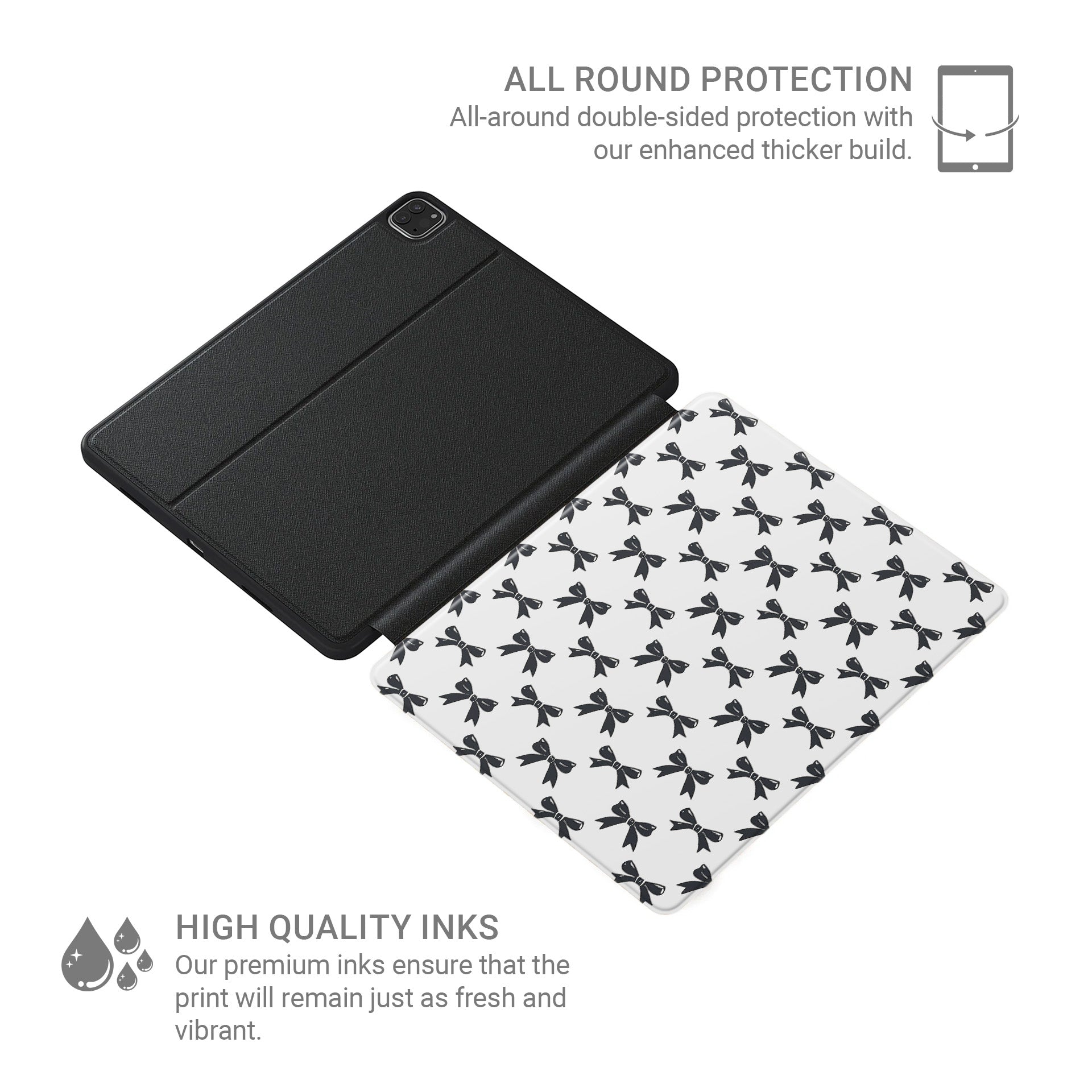 Twilight Confetti iPad Case with black bow design on white background – slim, protective, coquette style tablet cover with Apple Pencil slot.