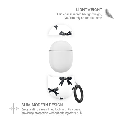 Google Pixel Buds case in Twilight Confetti design with bold black bow pattern on a white background, coquette-inspired protective earbuds cover.