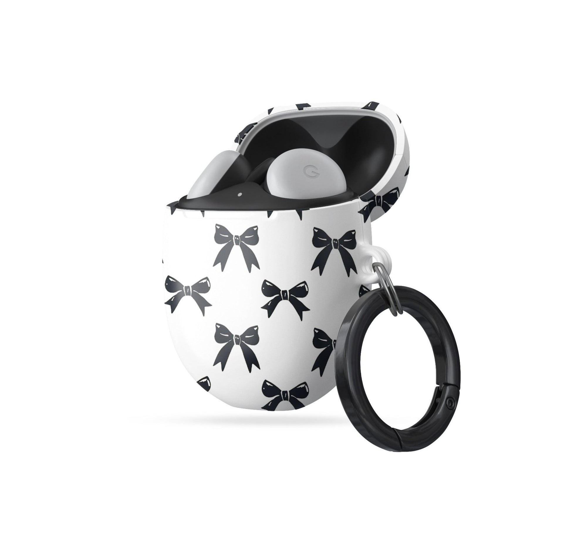 Google Pixel Buds case in Twilight Confetti design with bold black bow pattern on a white background, coquette-inspired protective earbuds cover.