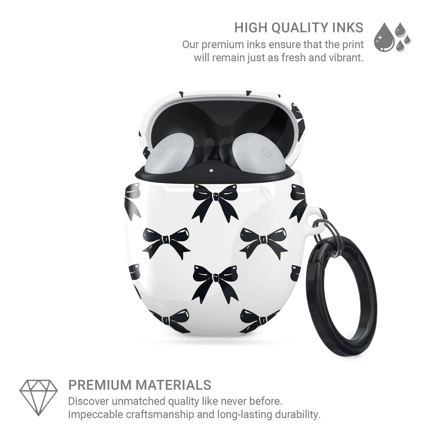 Google Pixel Buds case in Twilight Confetti design with bold black bow pattern on a white background, coquette-inspired protective earbuds cover.