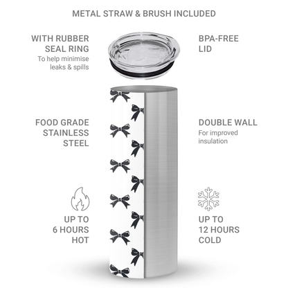 Twilight Confetti Stainless Steel Tumbler with black bow pattern, 20oz insulated drinkware with reusable straw, stylish coquette travel cup Burga