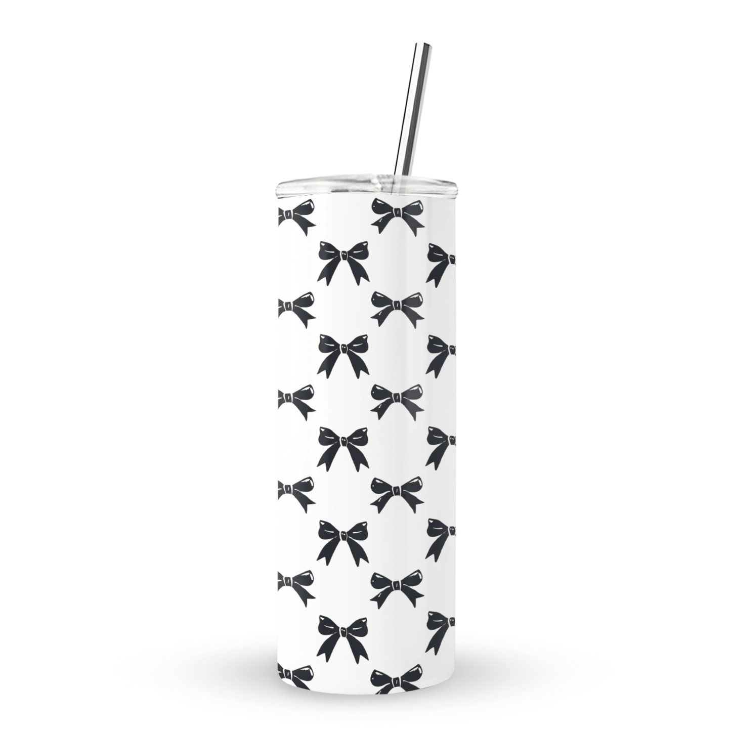 Burga Twilight Confetti Stainless Steel Tumbler with black bow pattern, 20oz insulated drinkware with reusable straw, stylish coquette travel cup
