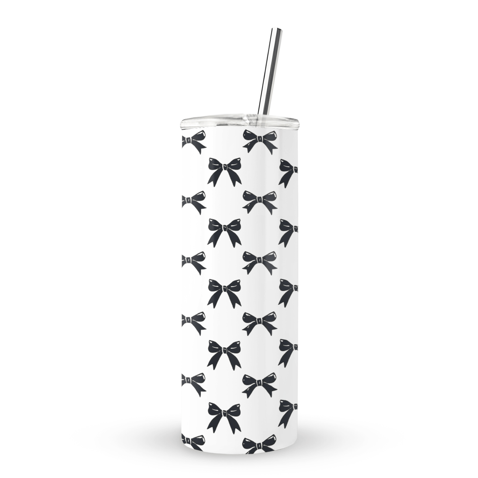 Burga Twilight Confetti Stainless Steel Tumbler with black bow pattern, 20oz insulated drinkware with reusable straw, stylish coquette travel cup