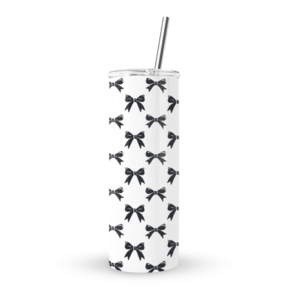 Burga Twilight Confetti Stainless Steel Tumbler with black bow pattern, 20oz insulated drinkware with reusable straw, stylish coquette travel cup