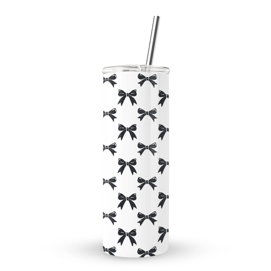 Burga Twilight Confetti Stainless Steel Tumbler with black bow pattern, 20oz insulated drinkware with reusable straw, stylish coquette travel cup
