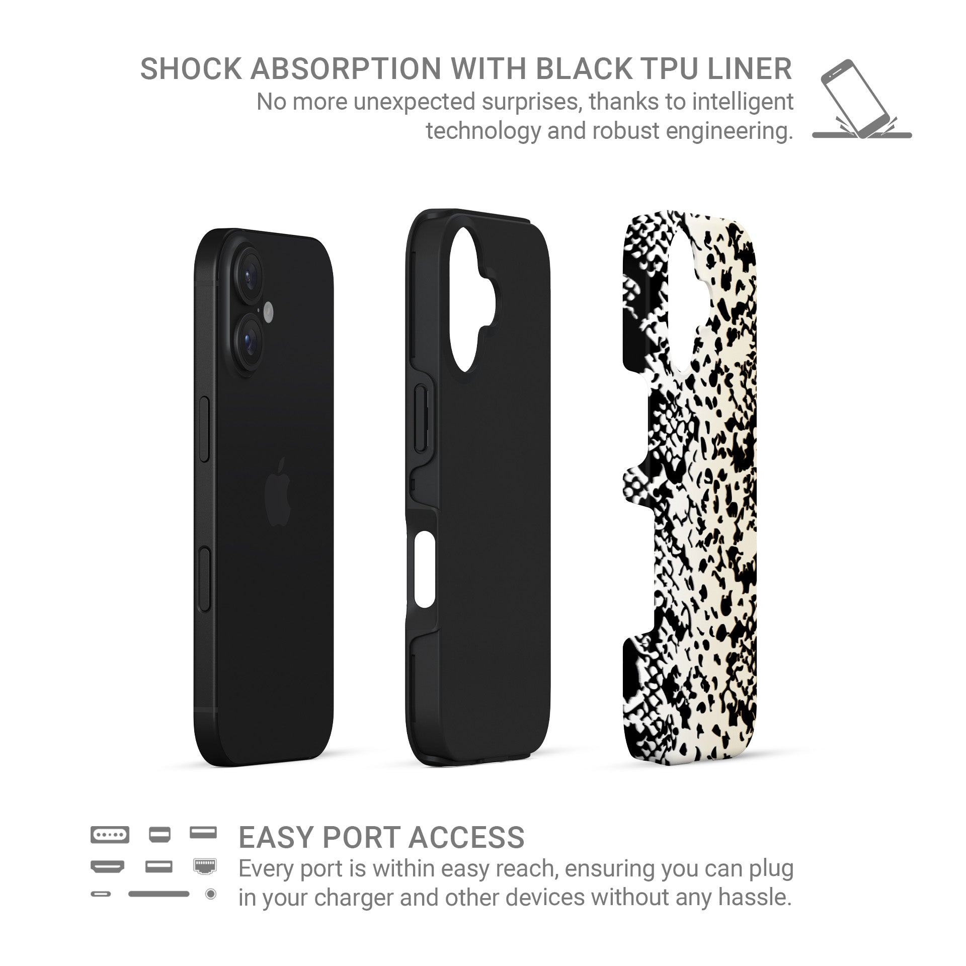 Snake print tough protective phone case for iPhone, Samsung and Pixel