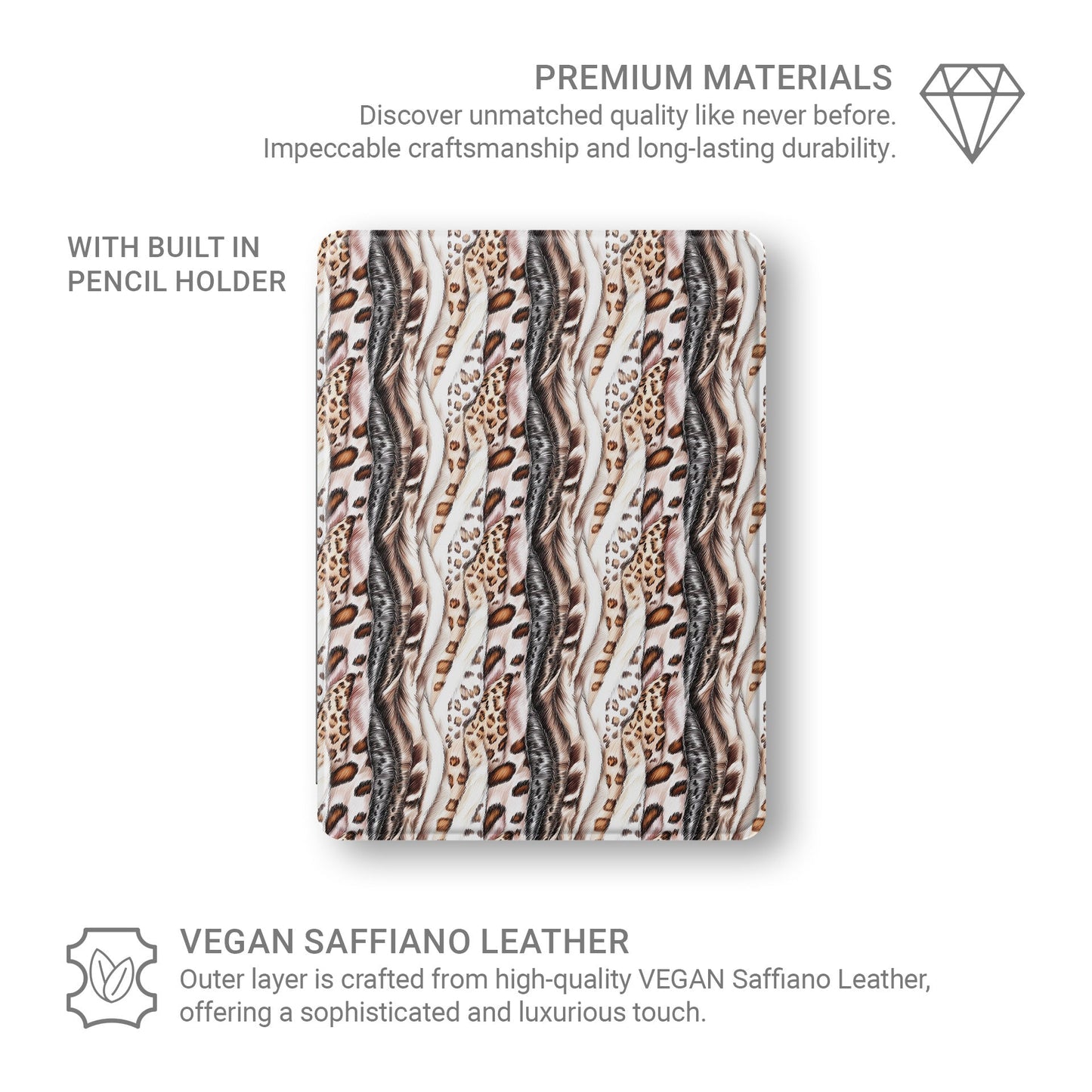 Wavy Streaks iPad Case with flowing abstract pattern, vegan leather finish and Apple Pencil holder.