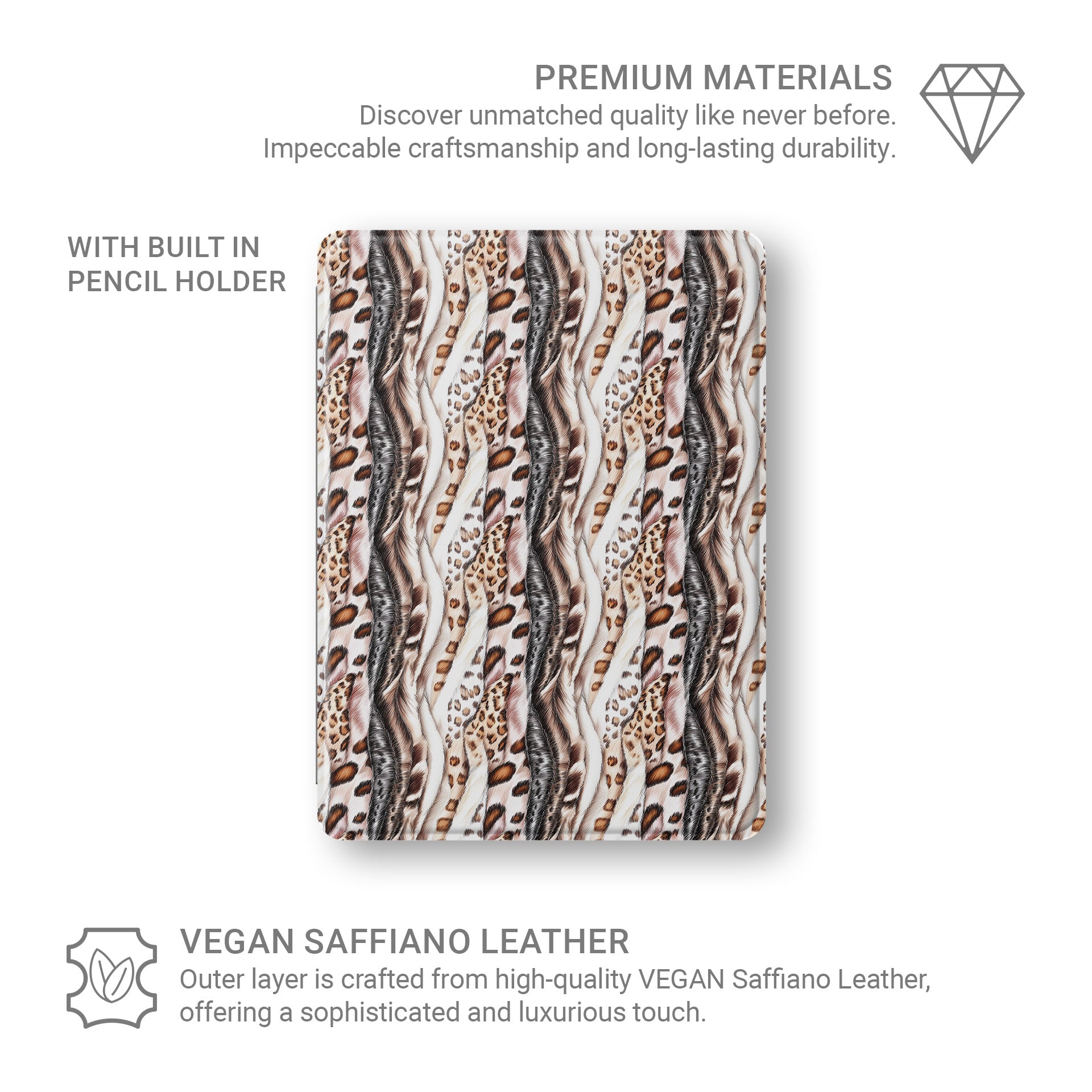 Wavy Streaks iPad Case with flowing abstract pattern, vegan leather finish and Apple Pencil holder.