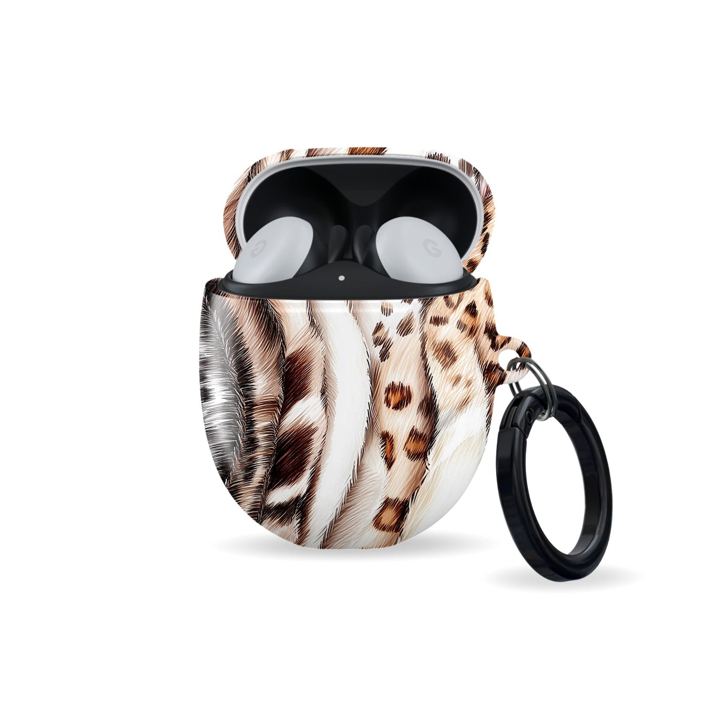 Wild Streaks mixed animal print Google Pixel Buds case with glossy fur design and keyring loop