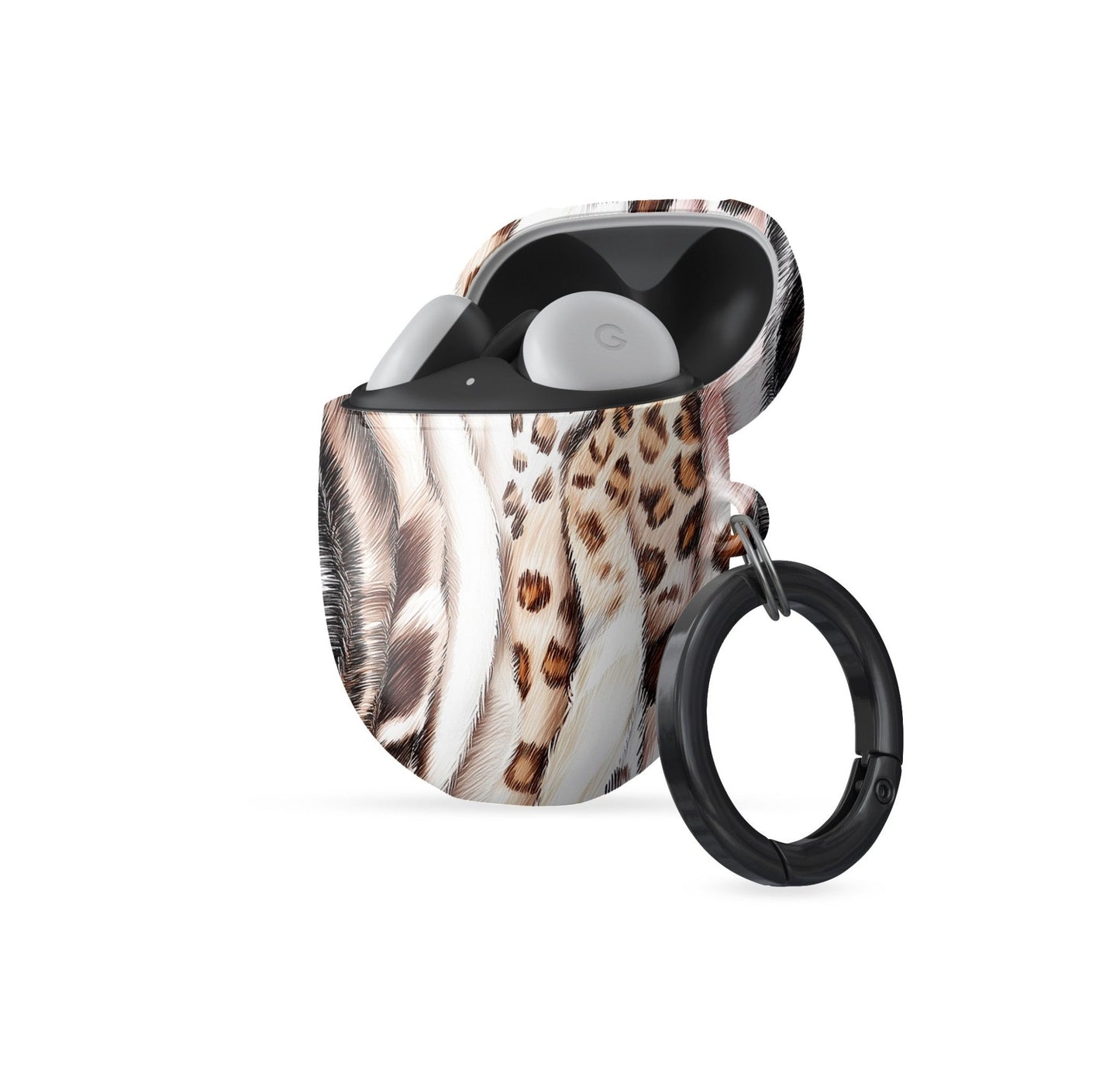Wild Streaks mixed animal print Google Pixel Buds case with glossy fur design and keyring loop