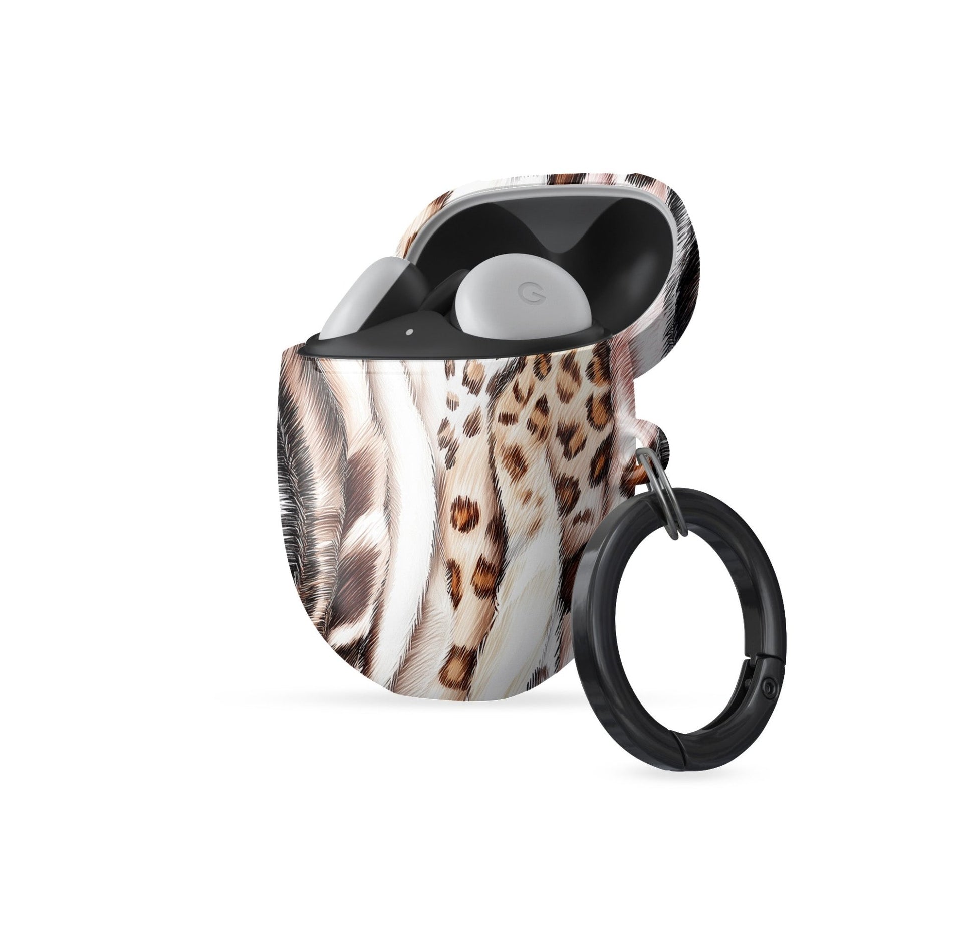 Wild Streaks mixed animal print Google Pixel Buds case with glossy fur design and keyring loop