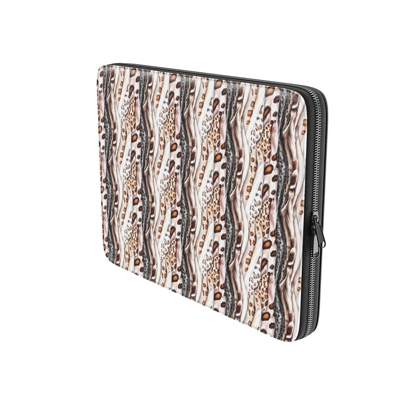 Wild Streaks laptop sleeve with soft abstract flowing pattern, vegan leather exterior, padded interior and smooth metal zipper.