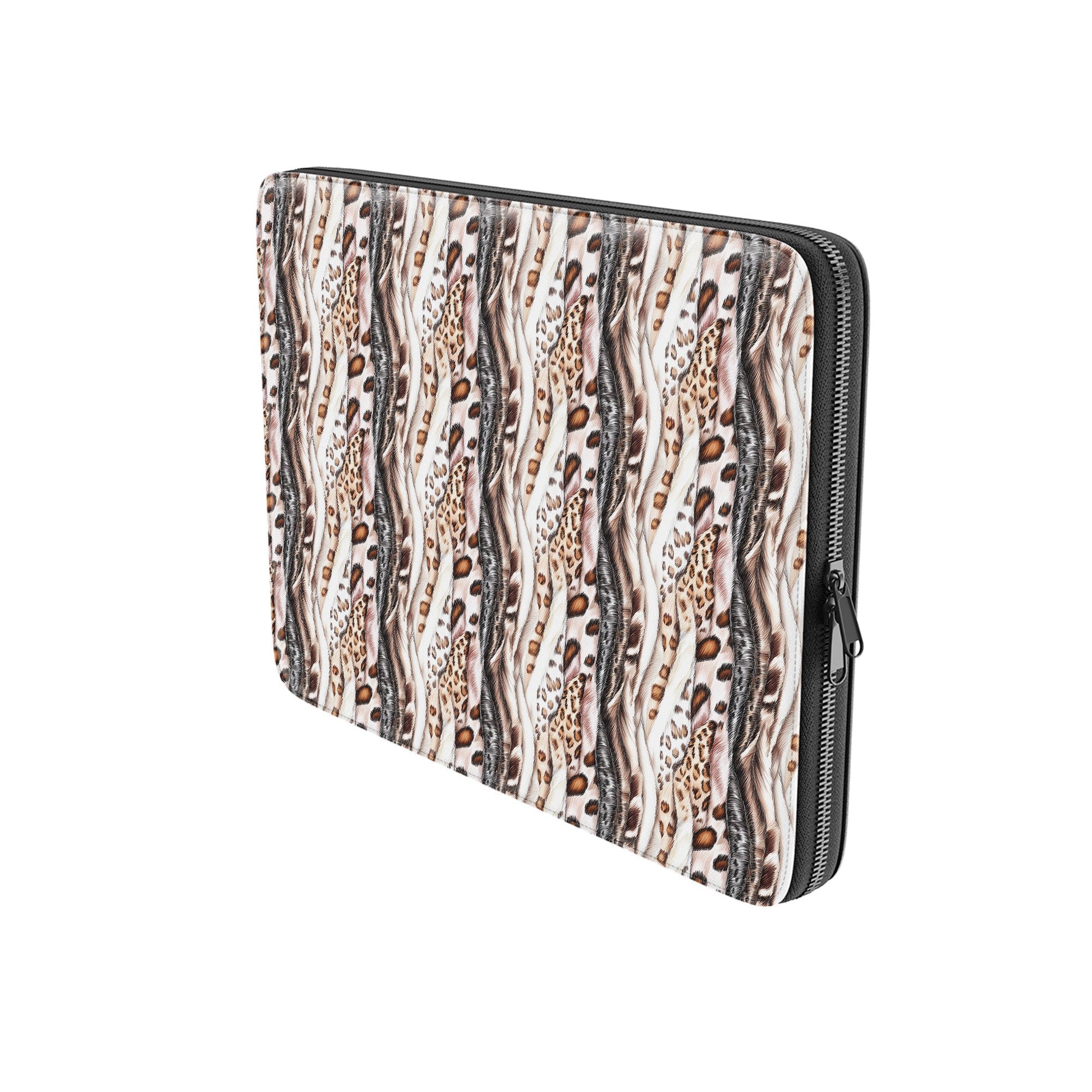 Wild Streaks laptop sleeve with soft abstract flowing pattern, vegan leather exterior, padded interior and smooth metal zipper.