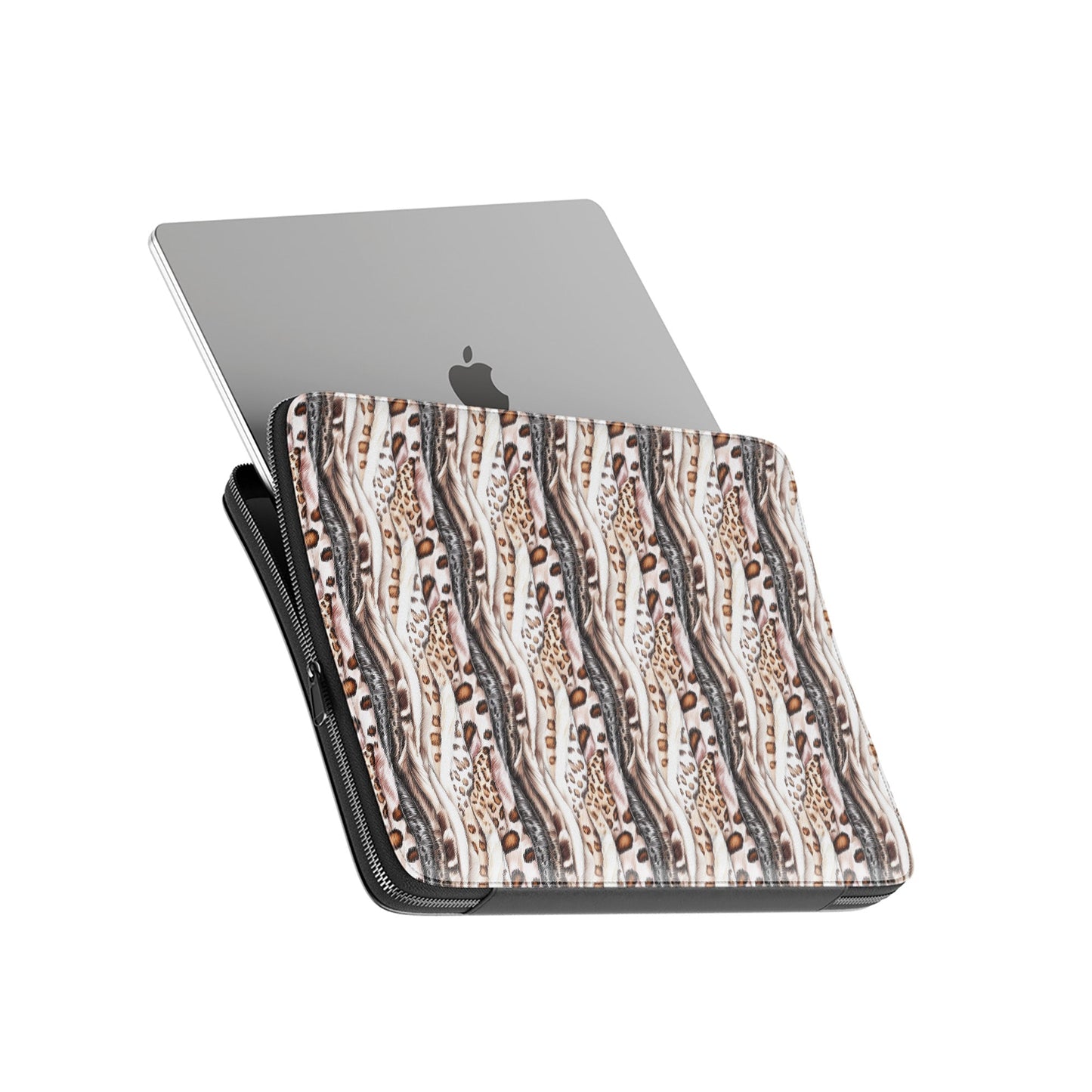 Wild Streaks laptop sleeve with soft abstract flowing pattern, vegan leather exterior, padded interior and smooth metal zipper.