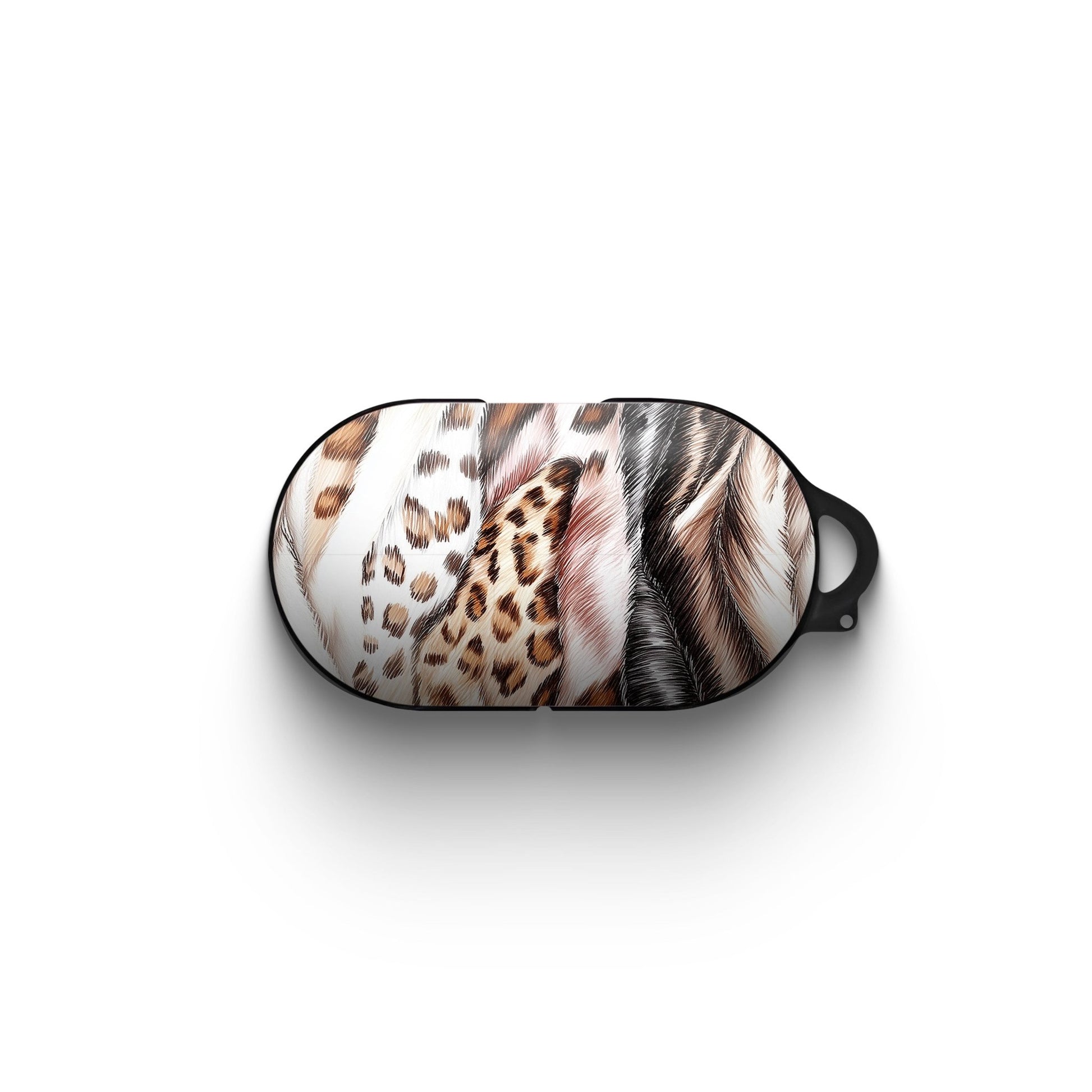 Wild Streaks multi animal print Samsung Buds case with glossy fur pattern and keyring loop