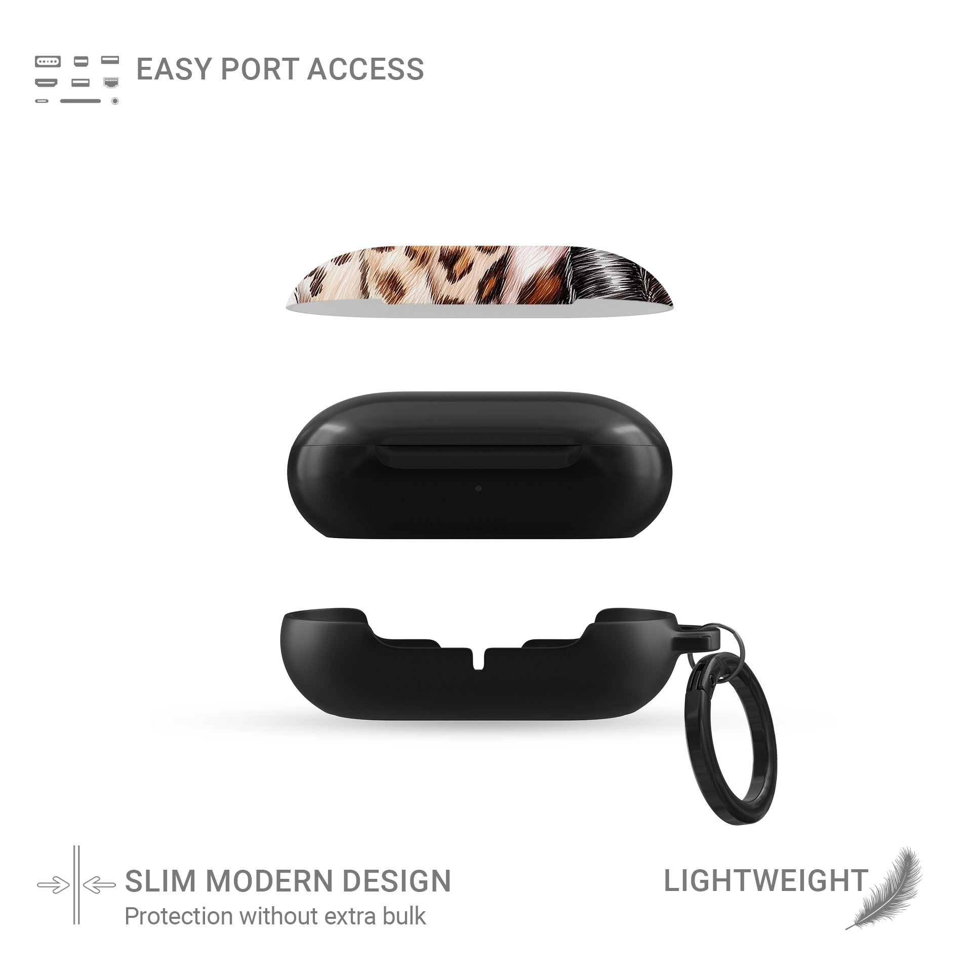 Wild Streaks multi animal print Samsung Buds case with glossy fur pattern and keyring loop