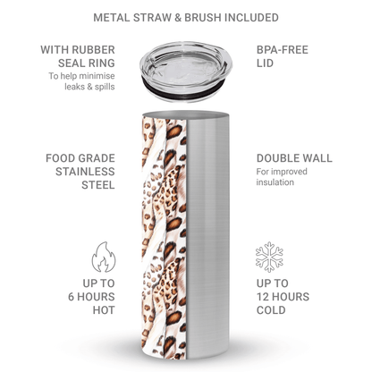 Wild Streaks stainless steel tumbler with flowing animal-inspired pattern, metal straw, BPA free lid and double wall insulation.