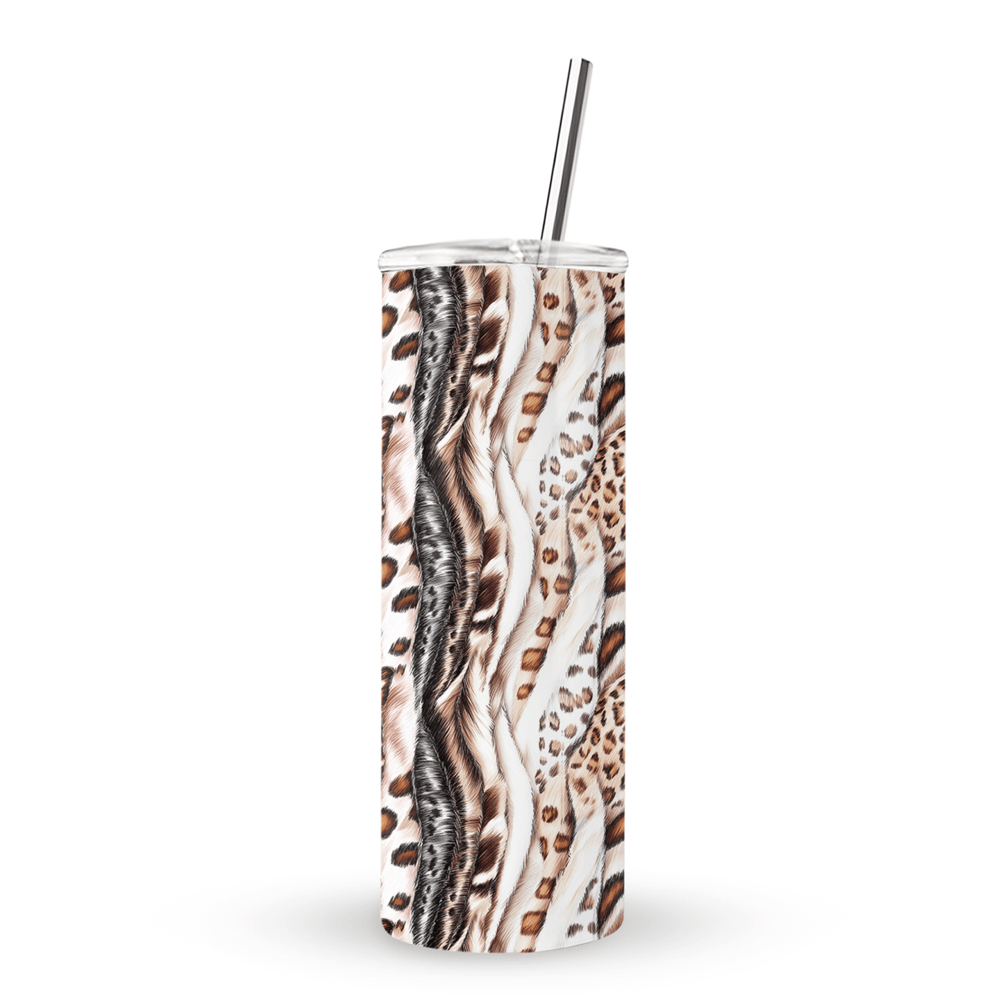 Wild Streaks stainless steel tumbler with flowing animal-inspired pattern, metal straw, BPA free lid and double wall insulation.
