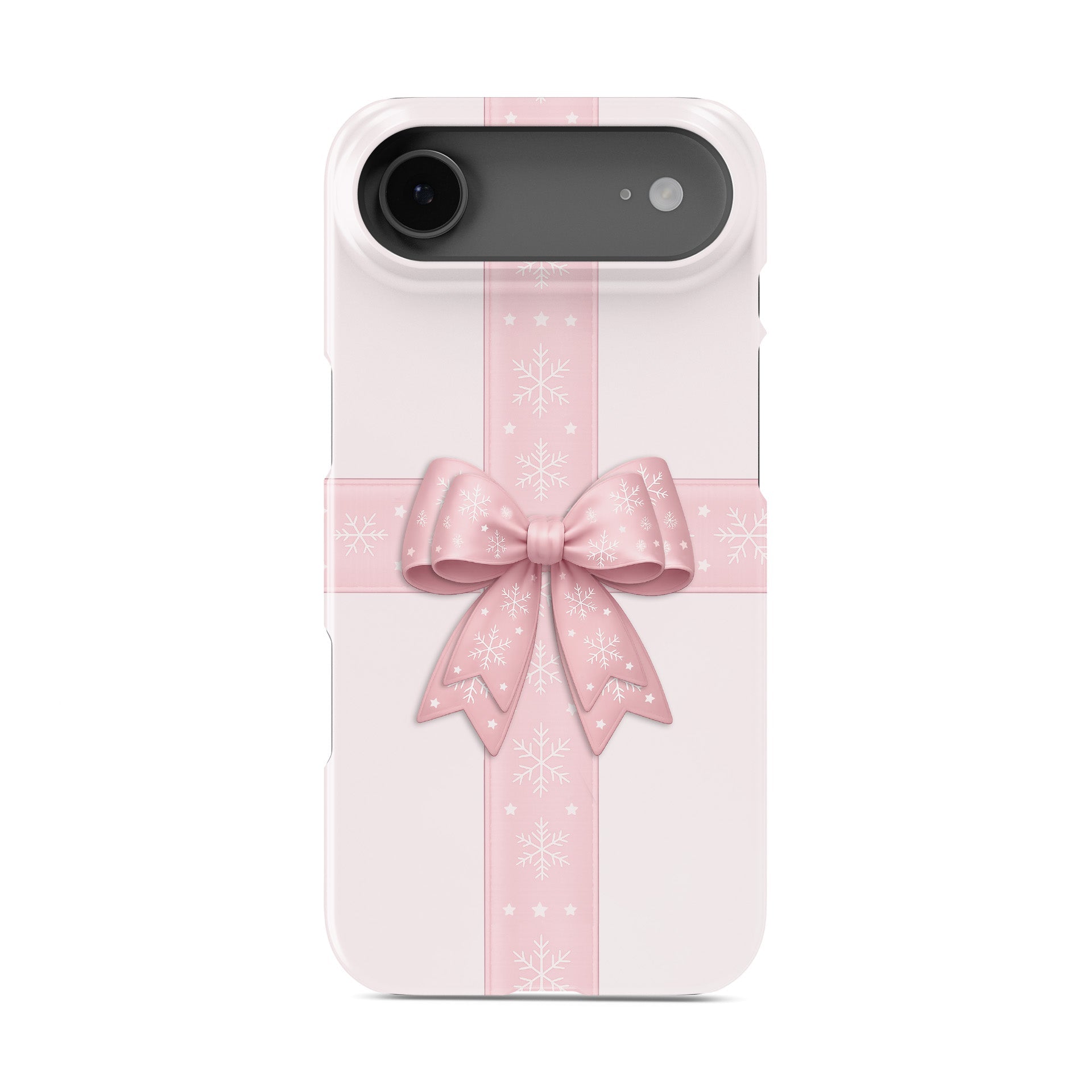 Blush pink ribbon crossing with large satin bow and white snowflakes on a soft pastel background, Protective Phone Case By Case & Charm “Winter’s Gift”