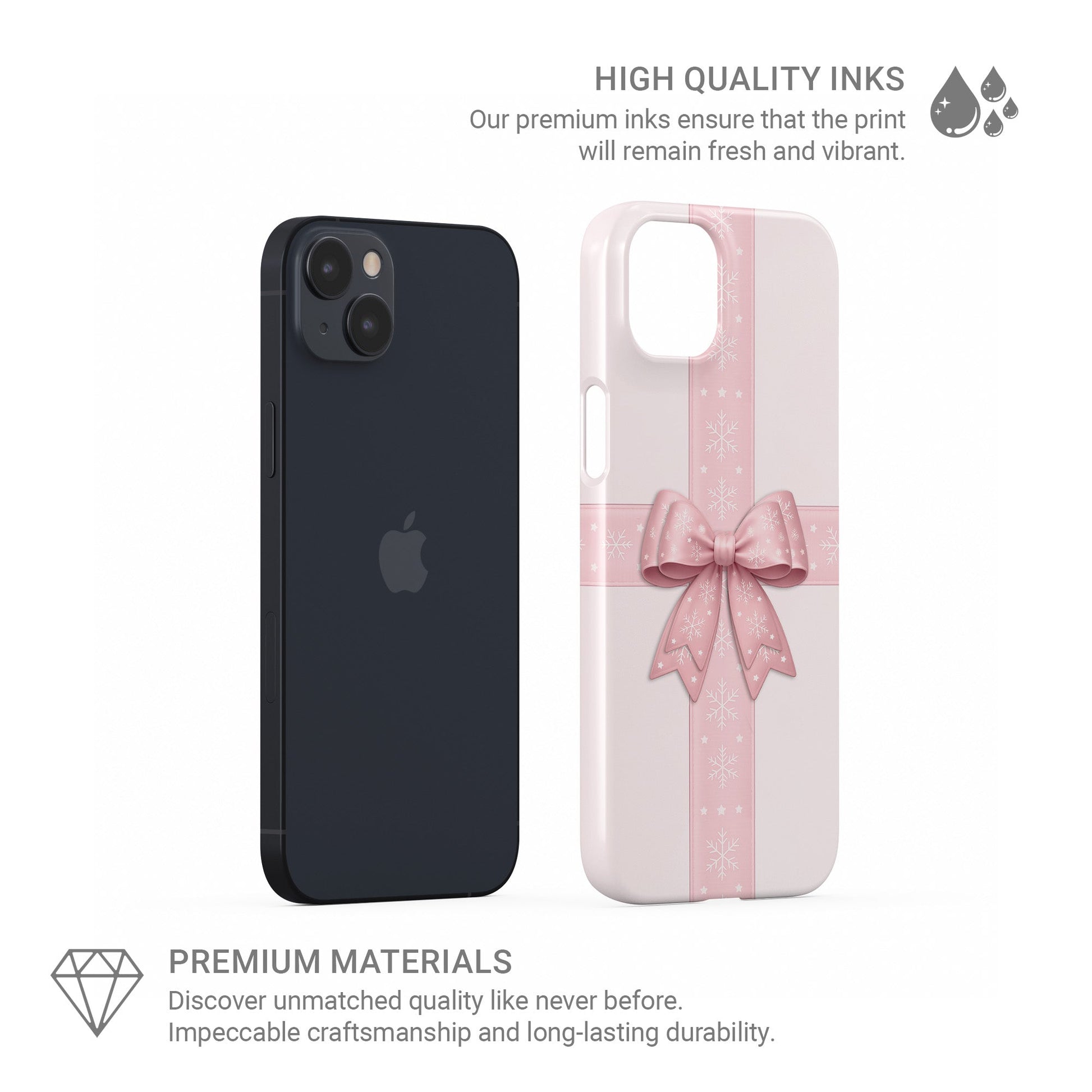 Blush pink ribbon crossing with large satin bow and white snowflakes on a soft pastel background, Protective Phone Case By Case & Charm “Winter’s Gift”