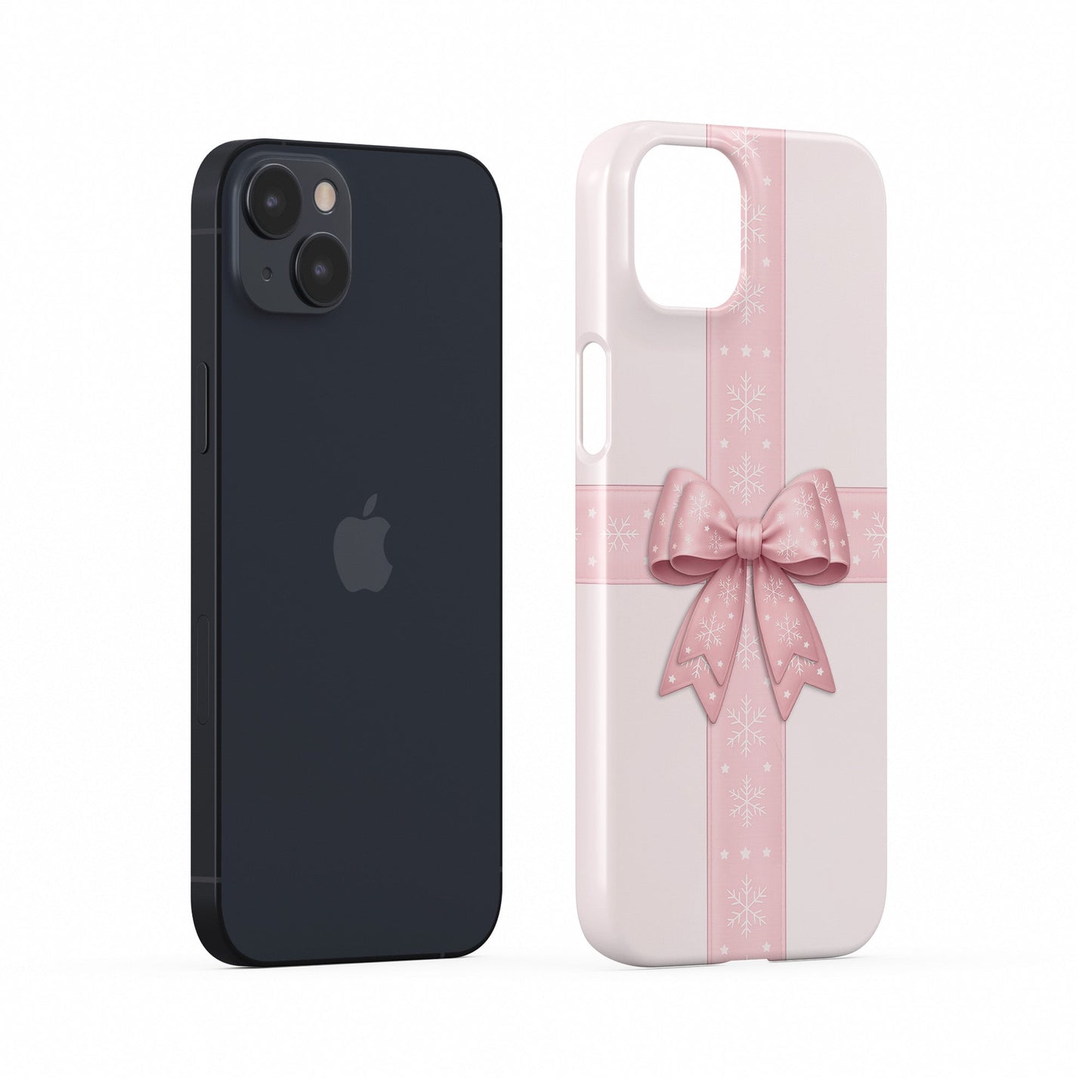 Blush pink ribbon crossing with large satin bow and white snowflakes on a soft pastel background, Protective Phone Case By Case & Charm “Winter’s Gift”