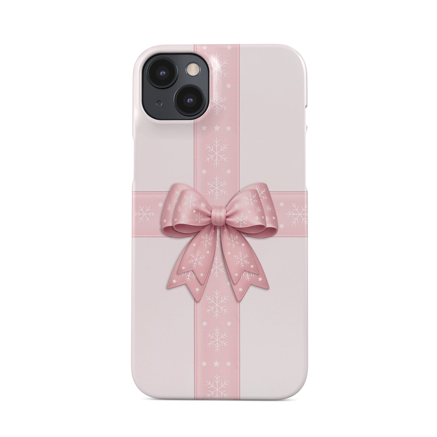 Blush pink ribbon crossing with large satin bow and white snowflakes on a soft pastel background, Protective Phone Case By Case & Charm “Winter’s Gift”