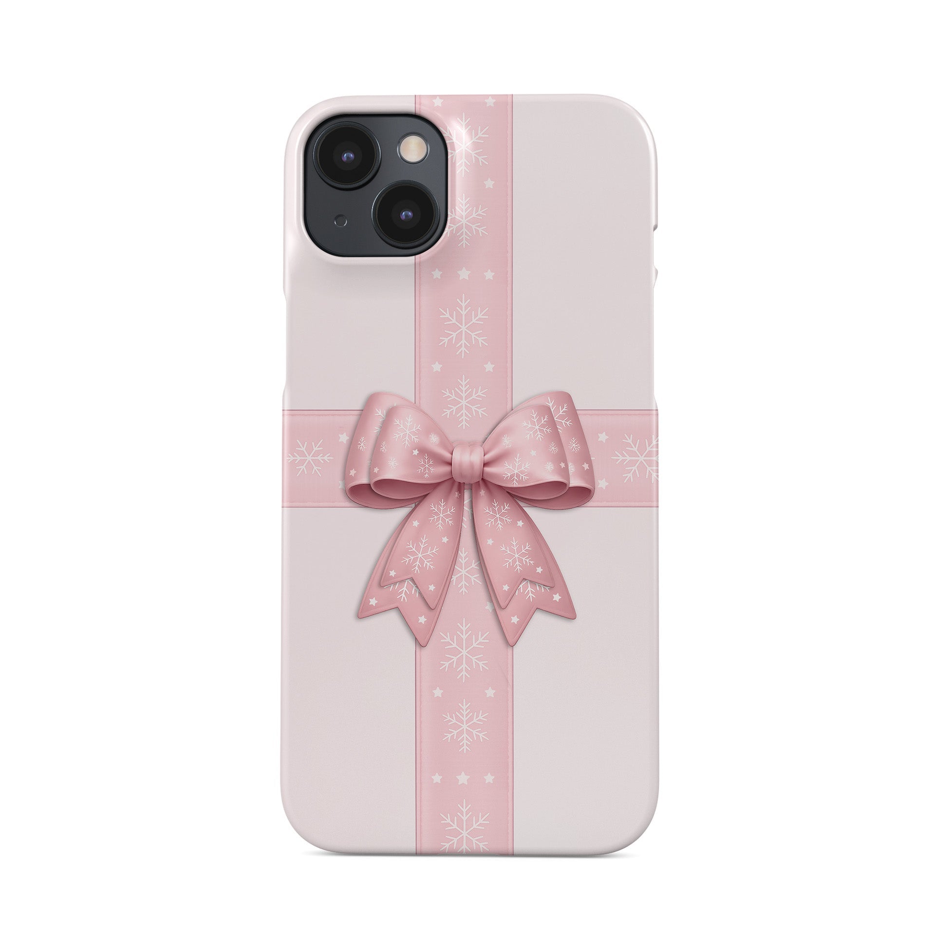 Blush pink ribbon crossing with large satin bow and white snowflakes on a soft pastel background, Protective Phone Case By Case & Charm “Winter’s Gift”