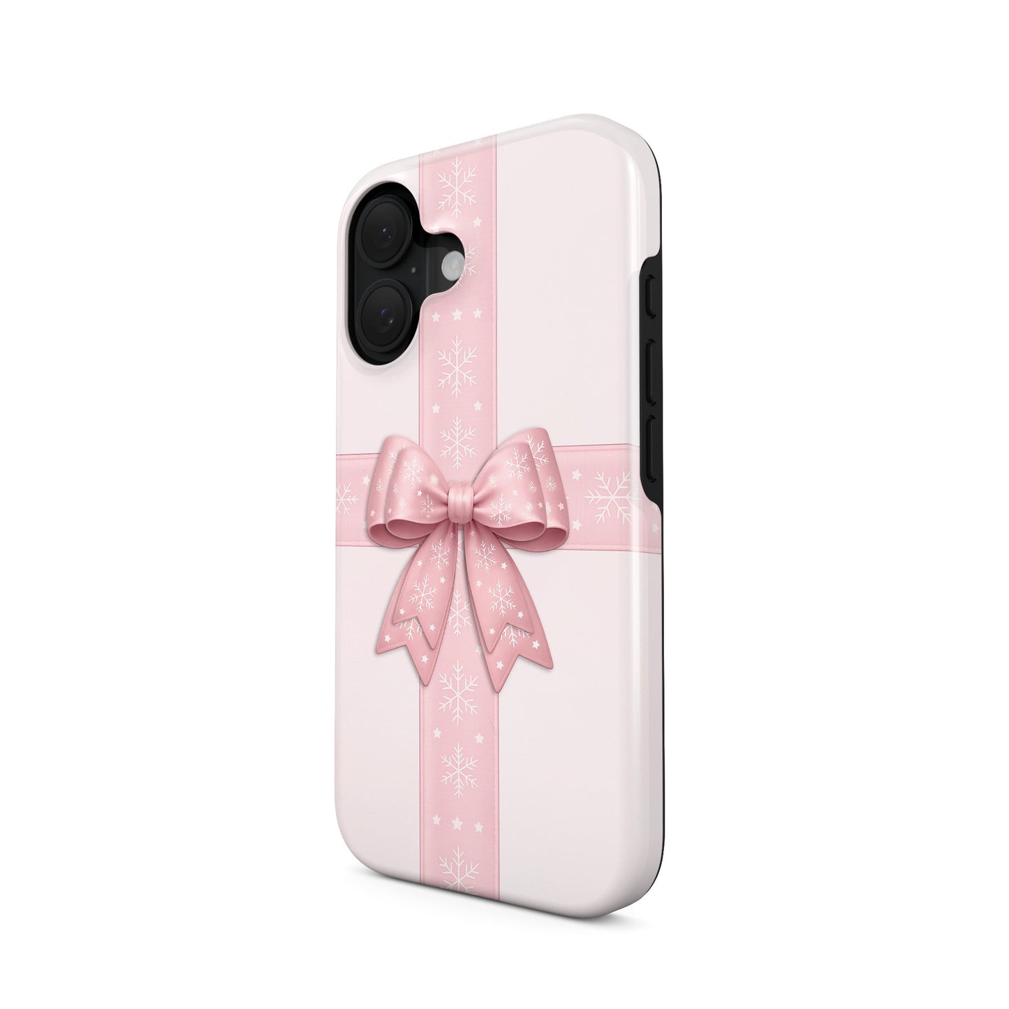 Glossy tough phone case with blush ribbon and large pink bow with white snowflakes on a soft pastel background, Case & Charm Winter’s Gift design