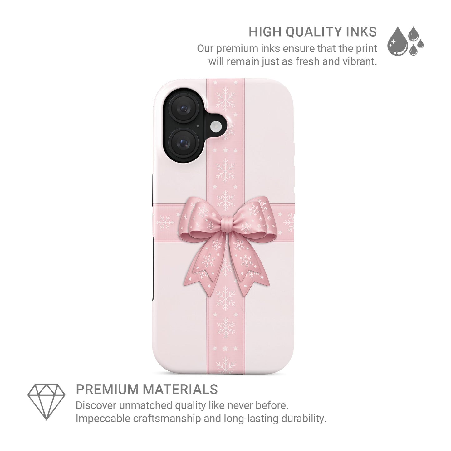 Glossy tough phone case with blush ribbon and large pink bow with white snowflakes on a soft pastel background, Case & Charm Winter’s Gift design