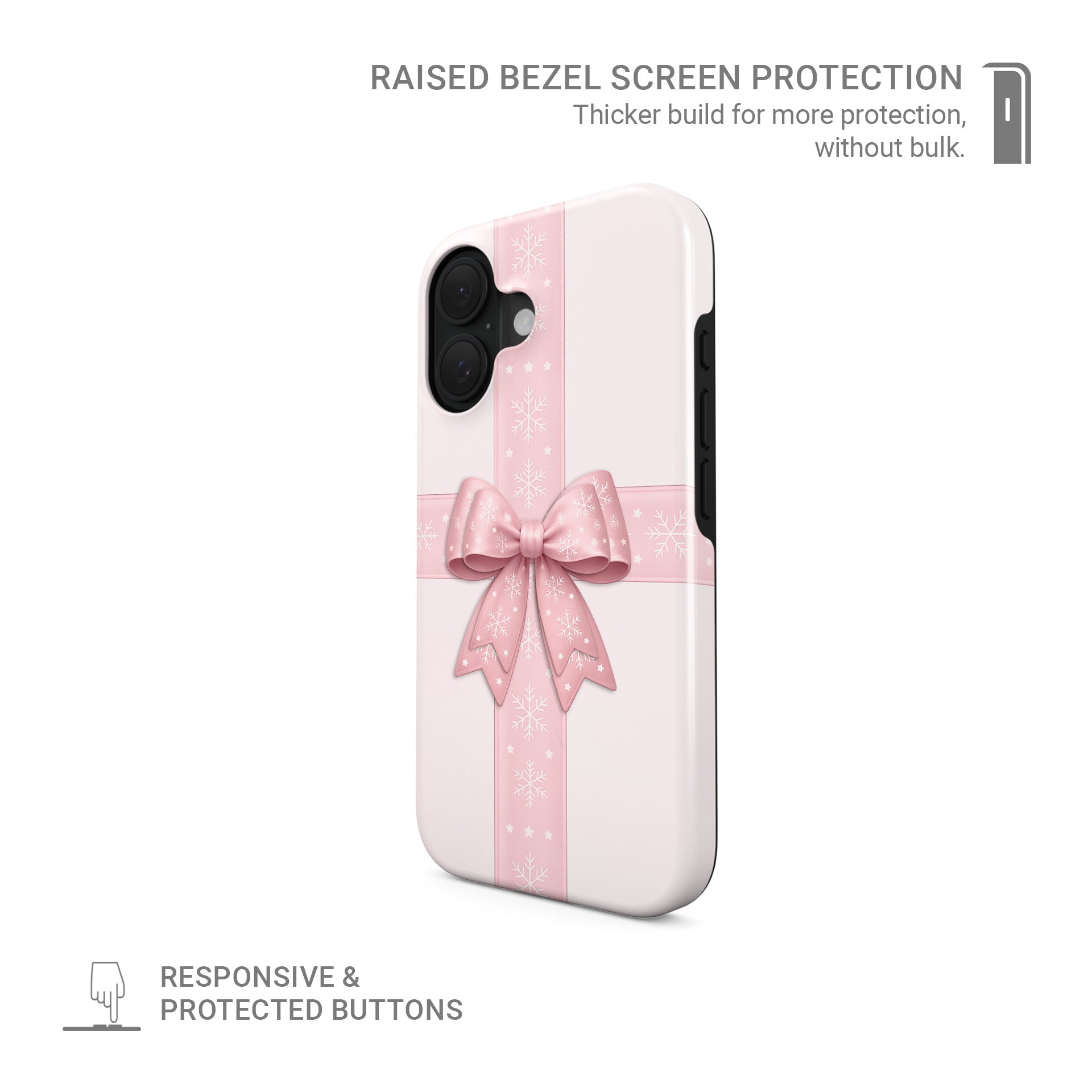 Glossy tough phone case with blush ribbon and large pink bow with white snowflakes on a soft pastel background, Case & Charm Winter’s Gift design